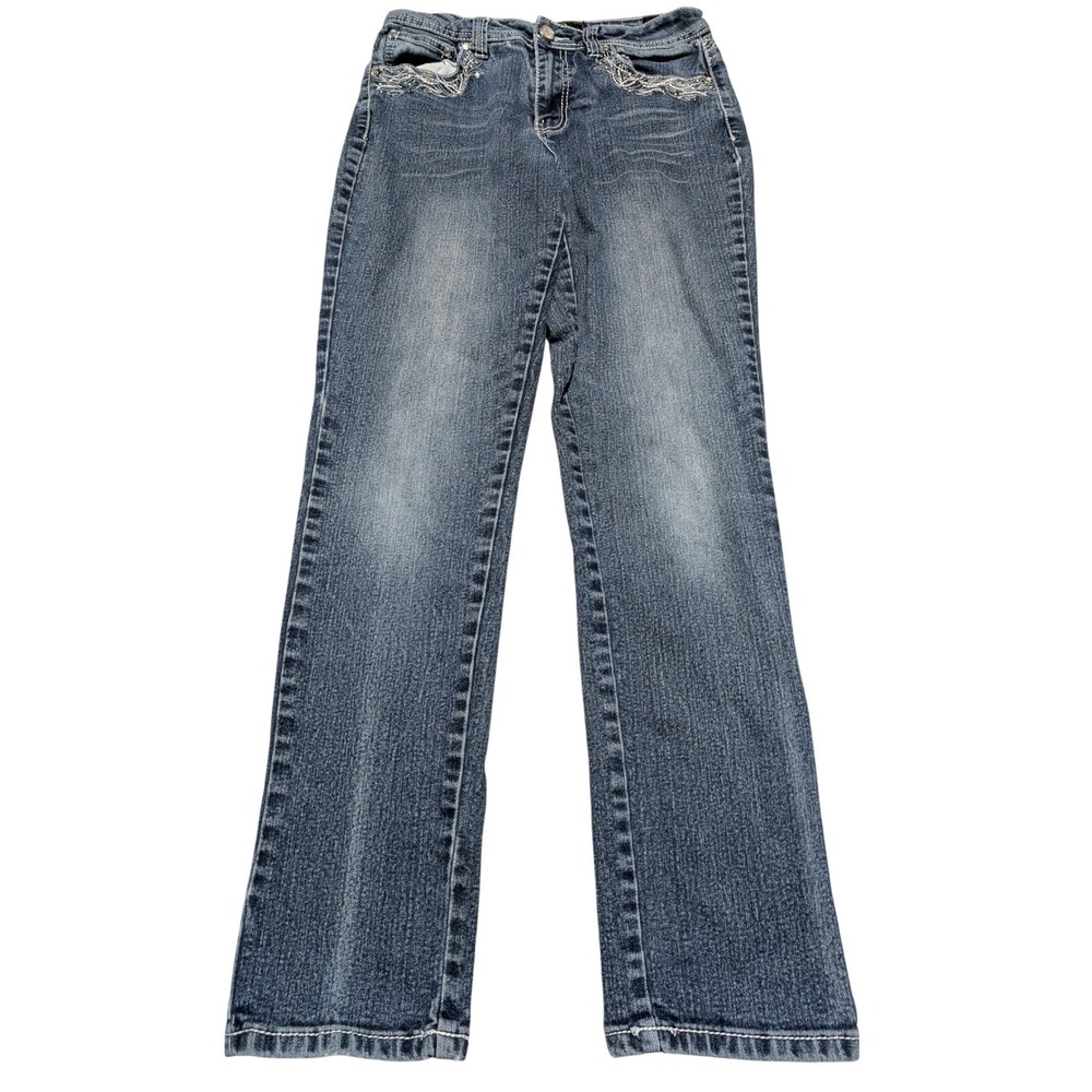 Cato Classic‎ Straight Leg Embellished Jeans Blue Medium Wash Rhinestone Size 6